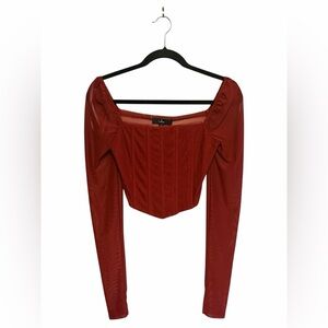 Lulus Burgundy Mesh Long Sleeve Bustier Coachella Festival Crop Top Sz S NWT